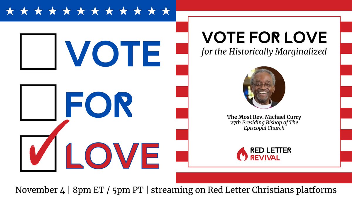 RedLetterXians's tweet photo. 🗓️November 4
🕗8pm ET / 5pm PT
🗳️#VoteForLove for the Historically Marginalized ft. a sermon from @PB_Curry of @iamepiscopalian 🔥🔥🔥Register to join us: 🔗https://t.co/LeKyRyLkhl https://t.co/JJf5M3WQZL