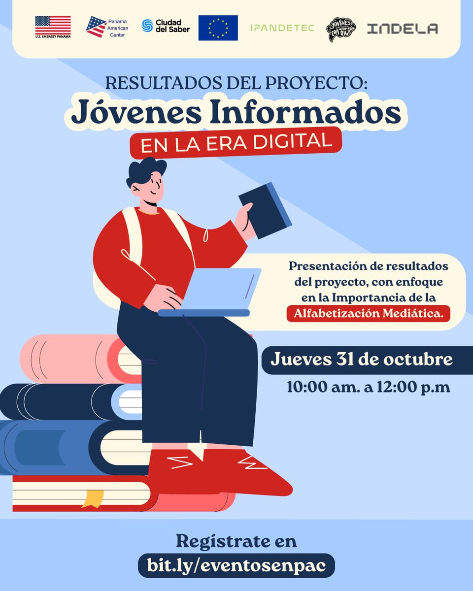 Te invitamos a conocer los logros alcanzados del proyecto "Jóvenes Informad@s en la era Digital"! 📲

La alfabetización mediática y el pensamiento crítico son más importantes que nunca 📚.

🗓️ Jueves 31 de octubre
⏰ 10:00 AM - 12:00 MD
📍 Panamá American Center, Ciudad del Saber