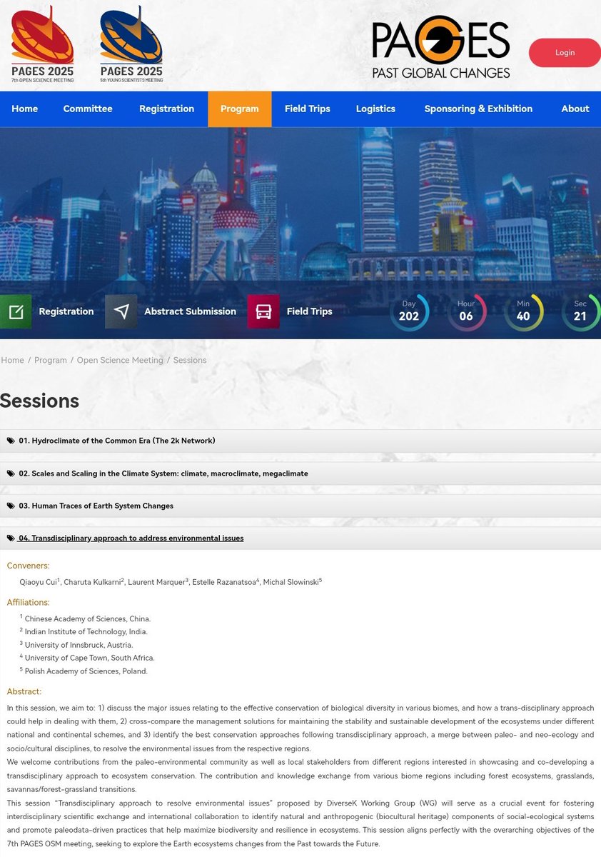 DiverseK (@diverse_k) on Twitter photo Interested in transdisciplinary approaches towards effective ecosystem conservation in the world's biomes? <a href="/PAGES_IPO/">Past Global Changes</a> #DiverseK Session looks forward to your contributions at #OSM2025!
Submit an abstract before December 1!
🔗 pages2025.org.cn/Passport/Login Interested in transdisciplinary approaches towards effective ecosystem conservation in the world's biomes? <a href="/PAGES_IPO/">Past Global Changes</a> #DiverseK Session looks forward to your contributions at #OSM2025!
Submit an abstract before December 1!
🔗 pages2025.org.cn/Passport/Login