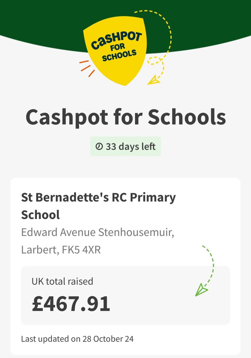 St Bernadette's PS (@stbernadettesps) on Twitter photo If any of our fantastic St Bernadette's families and friends shop at <a href="/asda/">Asda</a> and use #AsdaRewards, you can help us raise money for school!
<a href="/thebodycoach/">Joe Wicks</a> and Asda have teamed up to organise #cashpotforschools 
Almost £500 raised already! Thank you! If any of our fantastic St Bernadette's families and friends shop at <a href="/asda/">Asda</a> and use #AsdaRewards, you can help us raise money for school!
<a href="/thebodycoach/">Joe Wicks</a> and Asda have teamed up to organise #cashpotforschools 
Almost £500 raised already! Thank you!