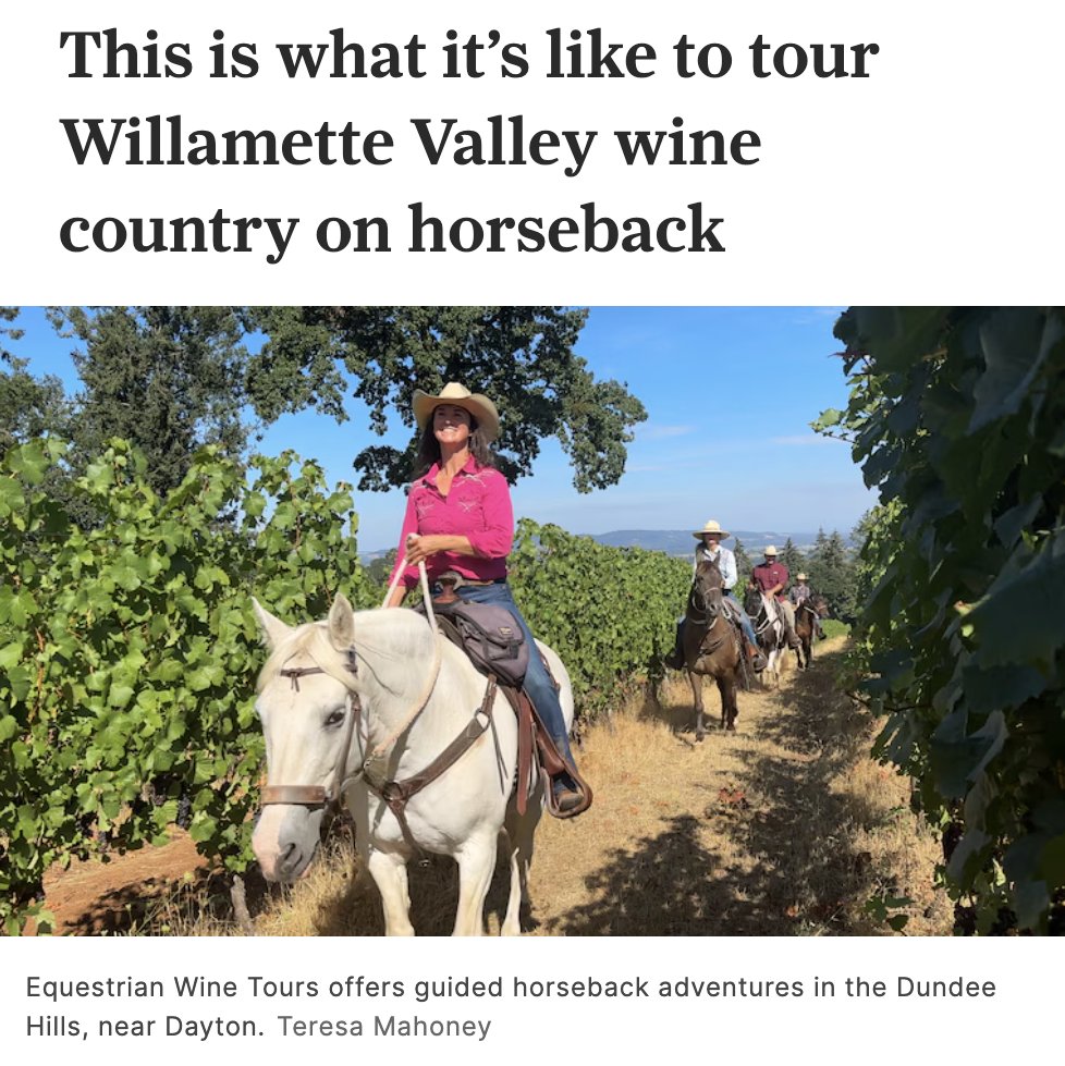 Thank you to <a href="/oregonlive/">OregonLive.com</a> for featuring Equestrian Wine Tours and their horseback wine tasting that takes wine lovers through the Dundee Hills. 🐴 🍷 

Read all about it:
bit.ly/3AjUWBL