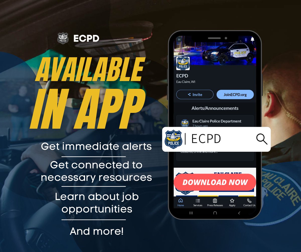 The Eau Claire Police Department is proud to unveil a new mobile application. 'ECPD' will act as a hub connecting city residents to necessary resources. The app is available on iOS and Android devices. Just search 'ECPD' in the Google Play and App Store today!