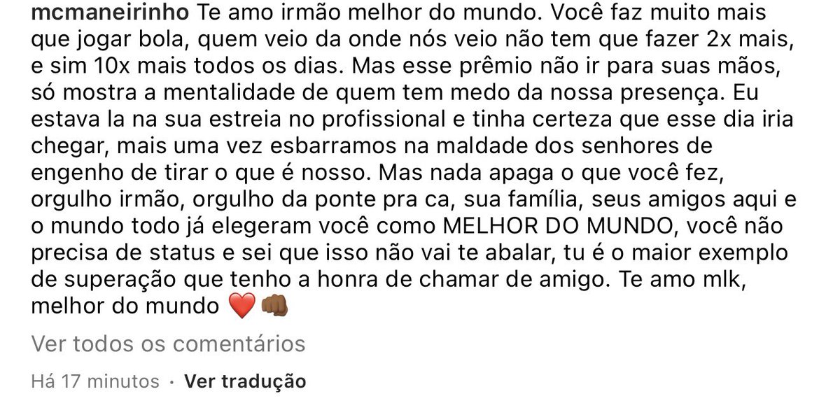 futebol_info's tweet photo. Publicação de MC Maneirinho para Vini Jr:

"Esse prêmio não ir para as suas mãos só mostra a mentalidade de quem tem medo da nossa presença."

📸 Divulgação