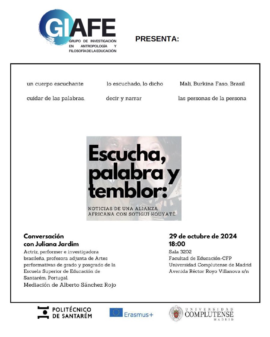 Mañana recibimos a la profesora Juliana Jardim, del Instituto Politécnico de Santarém (Portugal), que dará una charla sobre su experiencia formativa en África. #teatro #filosofía #educación #arte