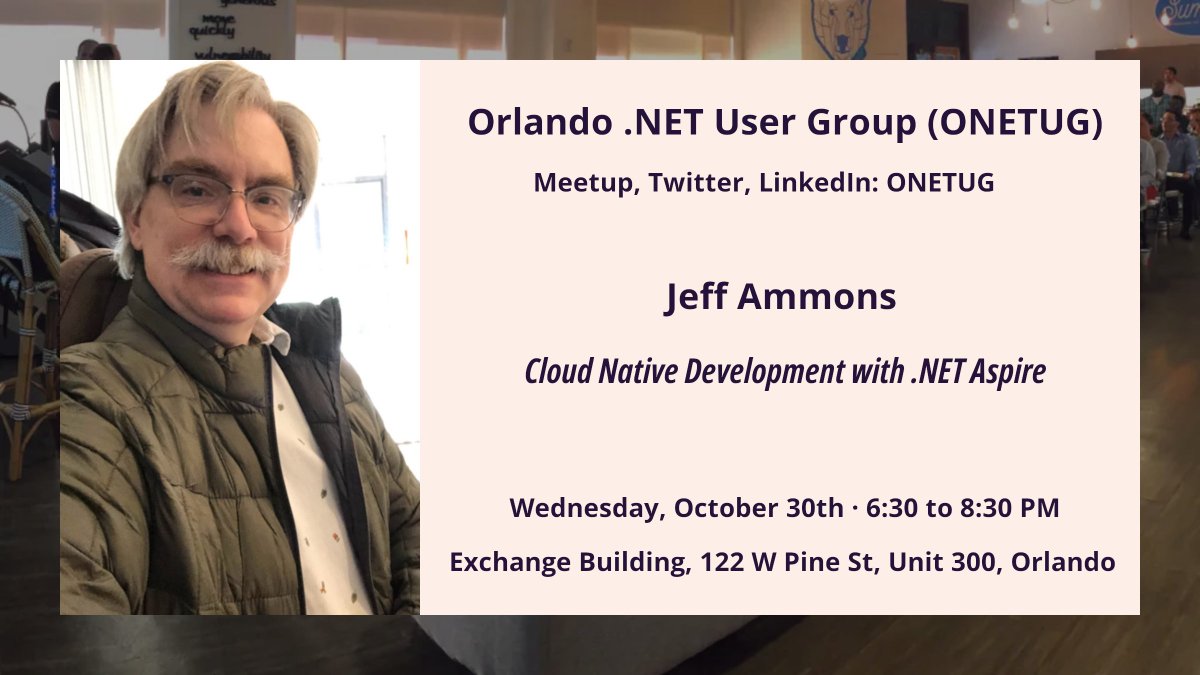 How's everybody doing? Like #OrlandoCodeCamp this year? It took a while, but ONETUG is finally having monthly meetings downtown again. Jeff Ammons will be talking about .NET Aspire this Wednesday (10/30) at 6:30 PM in the Exchange Building. Sign-up here: meetup.com/onetug/events/…