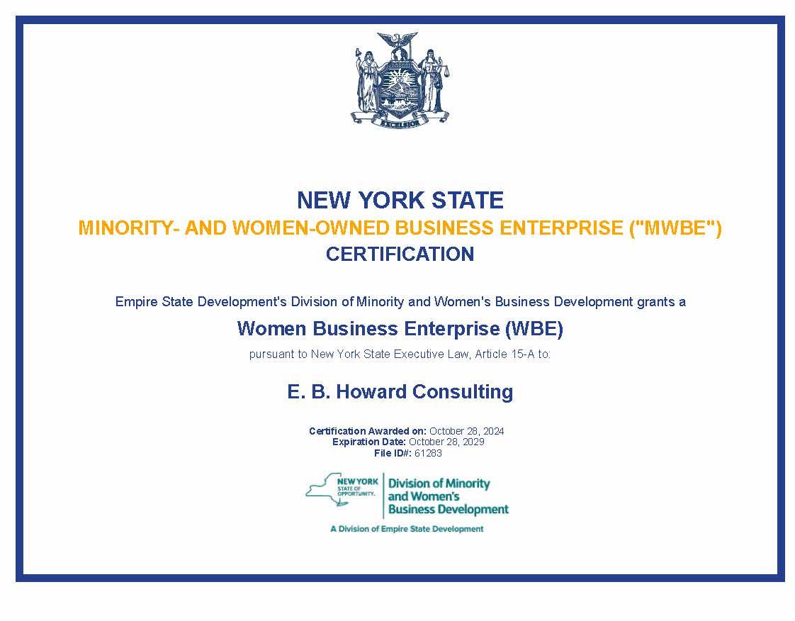 EBHConsulting's tweet photo. E.B. Howard Consulting is proud to announce our recertification as a New York State Women Business Enterprise (WBE).🙋🏻‍♀️ 
 
Learn More Here https://t.co/L9Zgr8A7uG https://t.co/pn5RJ9MVFC