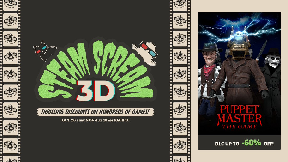 PuppetMasterTG's tweet image. 🎃Spooktacular - STEAM SCREAM 3D - Halloween Sale! Get up to 60% OFF select DLC skin packs, from now to Nov 4th!🎃
Thank you all for your support!
@fullmoonhorror 
#puppetmaster #puppetmastergame #puppetmasterthegame #steamscreamfest
