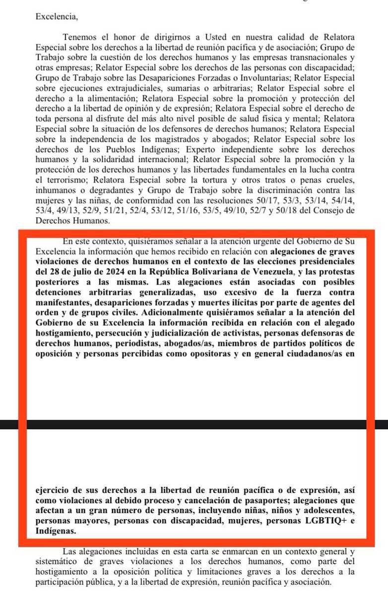 #Venezuela
Se cumplen #3Meses de elecciones de #28J.
🚨Hay una noticia que NO debe perderse de vista🧵
Alto Comisionado de #DDHH de ONU publica hoy una carta de alegaciones conjuntas sobre violaciones de DDHH en contexto electoral de 15 mandatos especiales de ONU.
Quince!
Sigo👇