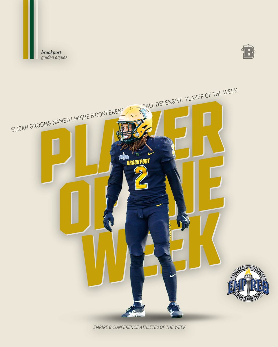 Brockport Athletics (@bportathletics) on Twitter photo Grooms went OFF on Saturday and today was rightfully named the E8 Defensive Player of the Week🏅🦅🏈
No.2⃣Elijah Grooms vs Morrisville🔥
2 INT
1 Pick-6
1 FF
1.5 TFL
3 Tackles
<a href="/BPort_Football/">Brockport Football</a> | #UndefeatedEffort | #d3fb
🗞️:shorturl.at/6SfR5 Grooms went OFF on Saturday and today was rightfully named the E8 Defensive Player of the Week🏅🦅🏈
No.2⃣Elijah Grooms vs Morrisville🔥
2 INT
1 Pick-6
1 FF
1.5 TFL
3 Tackles
<a href="/BPort_Football/">Brockport Football</a> | #UndefeatedEffort | #d3fb
🗞️:shorturl.at/6SfR5