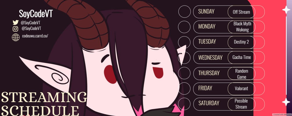 SoyCodeVT's tweet image. 🌈✨ ¡Hola, hermosuras! ✨🌈

¡Prepárense para una semana llena de diversión y risas con su Incubo Muslon! 🎮💕

🗓️ Horario de Streams:

#vtuber #vtuberES #codeuwuart #VtuberUprisings #vtubernsfw #femboys #FemboyFun #StreamTime