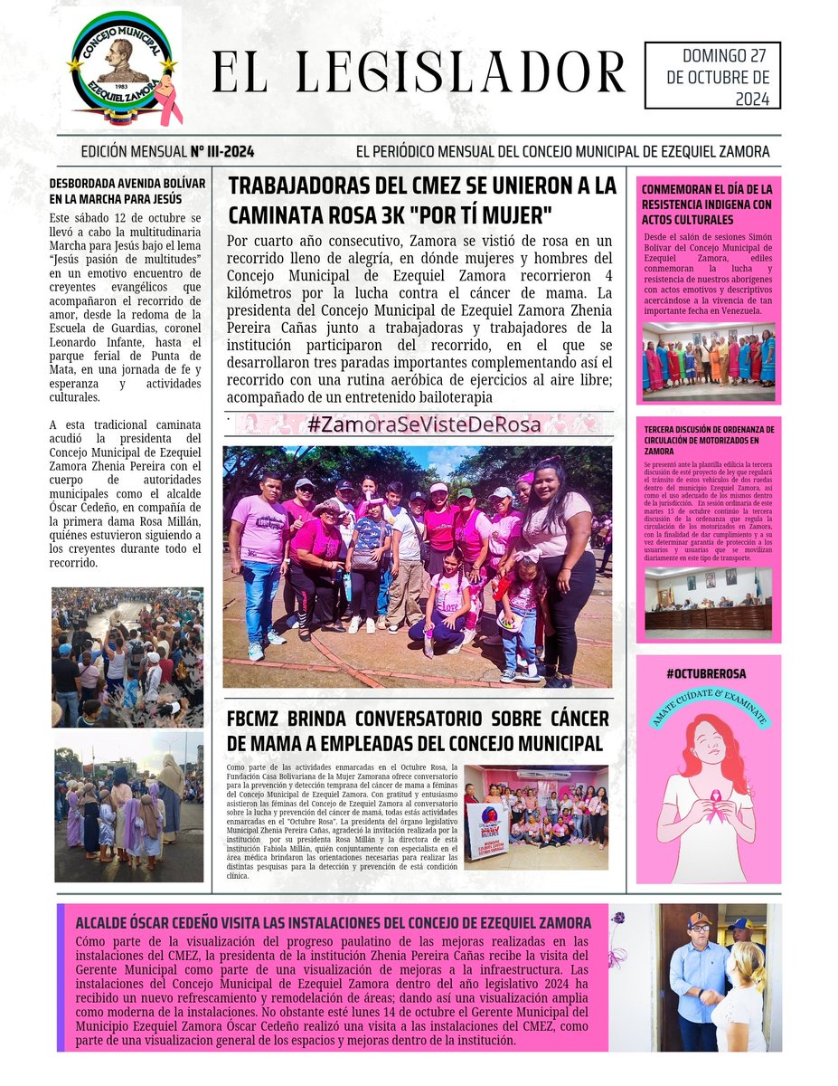 ConcejoM_EZ's tweet photo. Buenas dias, le presentamos la plana principal de la 3° edición del periódico "El Legislador" del Concejo Municipal de Ezequiel Zamora.

#legislamosparaelpueblo https://t.co/yA6CGOizUe
