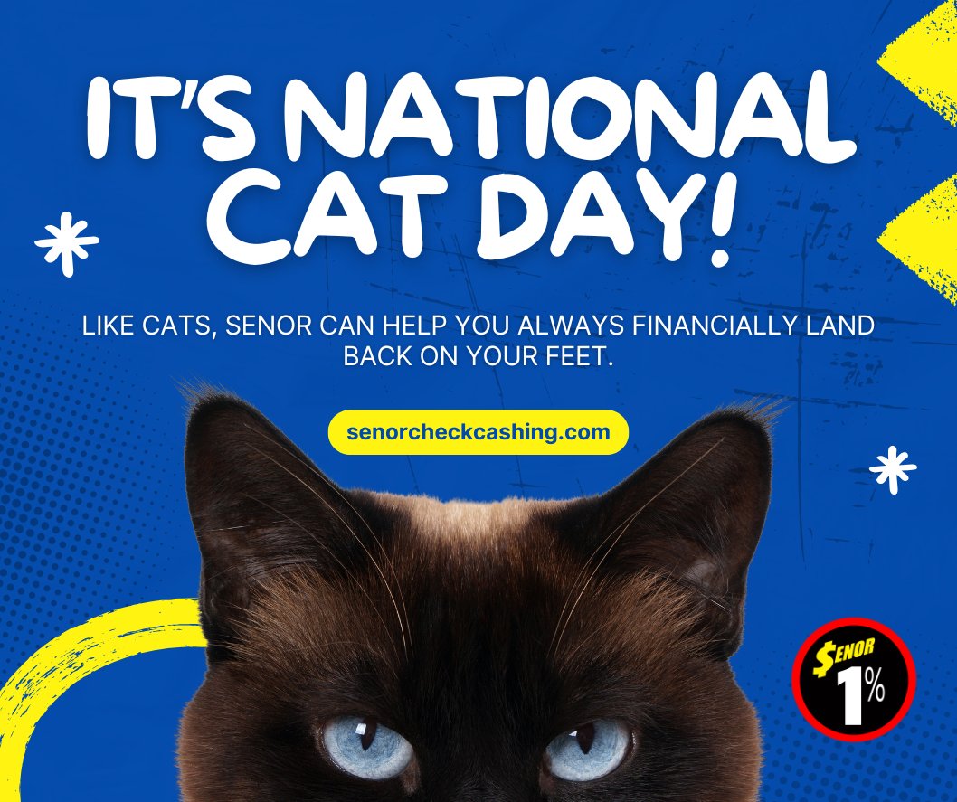Bounce back financially with cat like reflexes, Happy National Cat Day from Senor! 😺
#nationalcatday #catlady #Houston #Dallas #HTX #DFW #Texans #Cowboys #Rockets #mavericks #money #checkcashing #finance #halloween2024