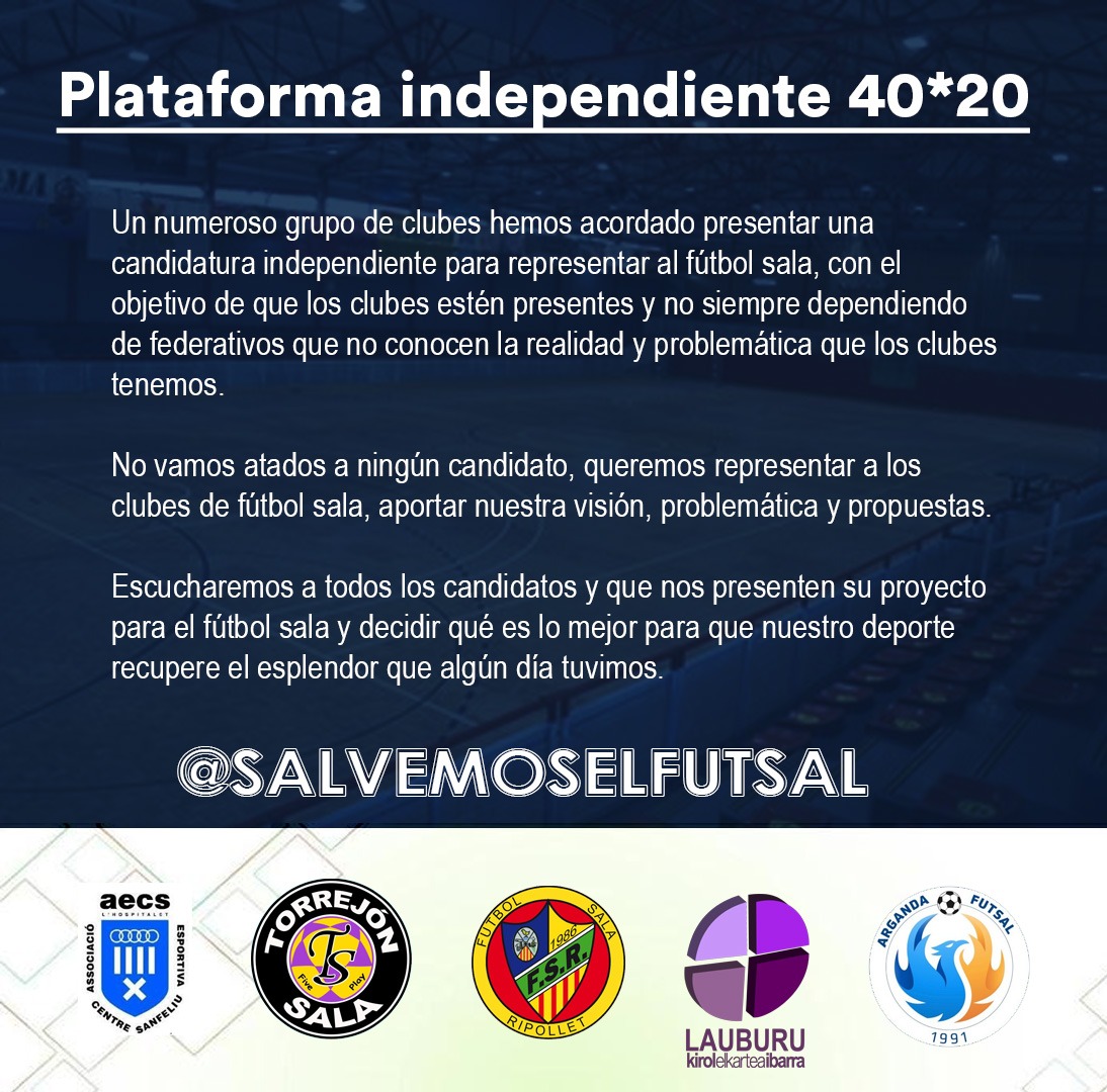 Estos son los 5 clubes que nos presentamos con el fin de tener voz dentro de la Asamblea de la RFEF.
Dar voz a nuestros problemas y propuestas para mejorar el futbol sala.