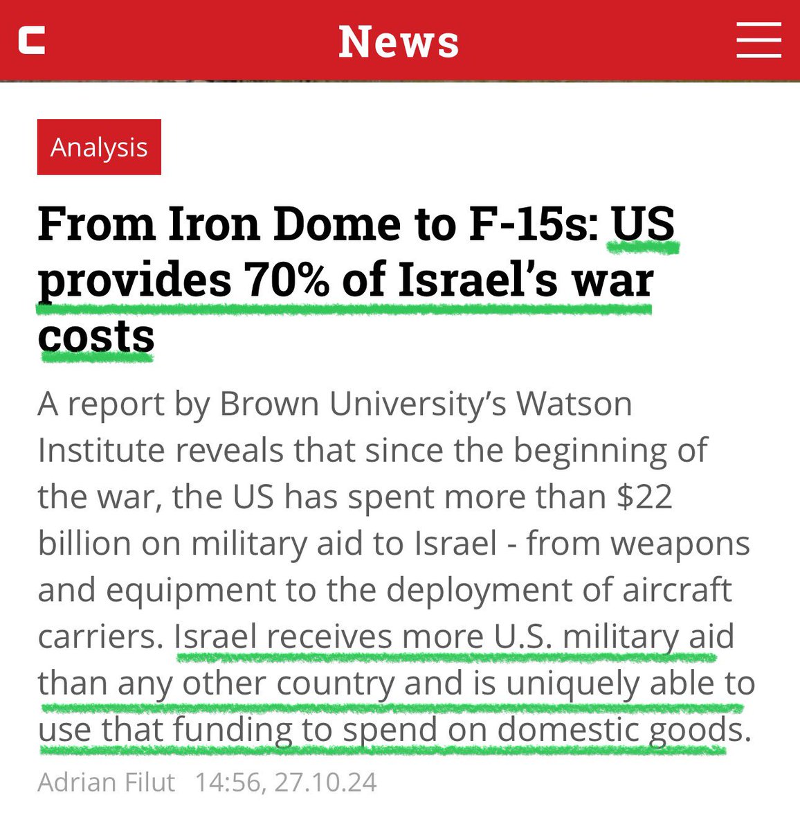 That is an incredible statistic that should be talked about a lot more in the US. It is why we are uniquely responsible for Israel’s actions and why we should be especially angry at how our tax dollars are being spent.
