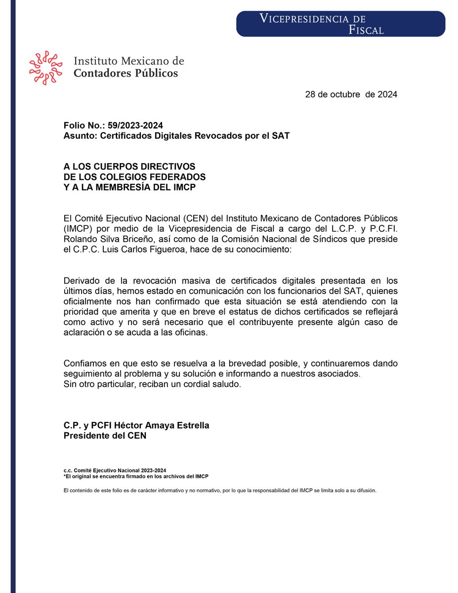 IMCP's tweet photo. #ÚLTIMAHORA 🚨 Acerca de los Certificados Digitales Revocados por el SAT 👇👇👇

Consulta el folio completo aquí https://t.co/B3ek7hTqP4 https://t.co/3wyztnFxNf