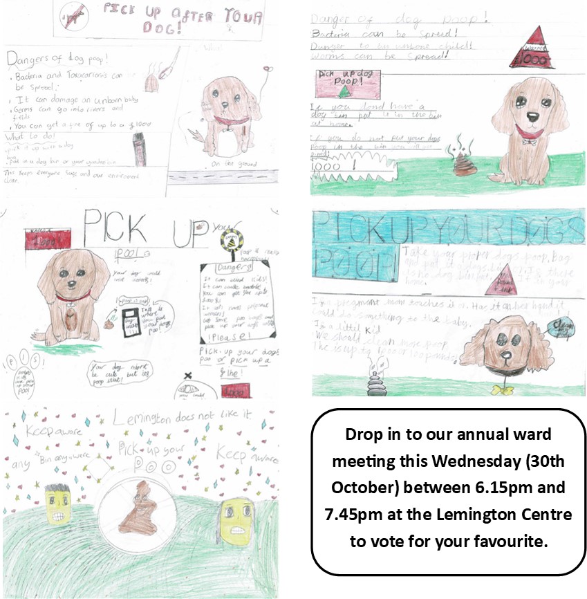 One of these posters by children from <a href="/LRPSnewcastle/">Lemington Riverside</a> will be turned into lamppost signs to be displayed around the Lemington ward. Drop into our annual ward meeting this Wednesday (30th October) between 6.15pm and 7.45pm at the Lemington Centre to vote for your favourite design.