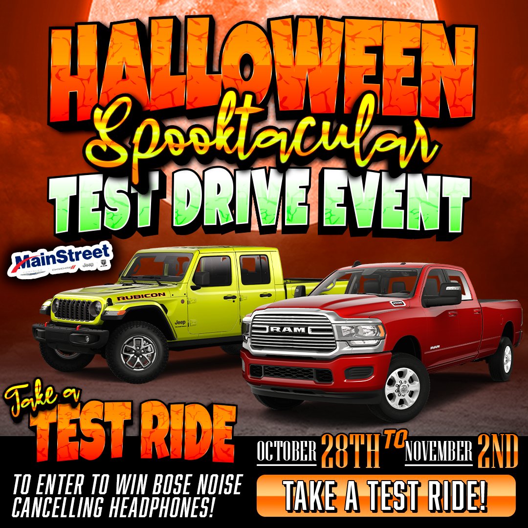 MainStreet_CDJR's tweet image. Join us for a hauntingly fun test drive and explore spine-chilling deals on your dream ride! 🚗👻 #HalloweenSpooktacular #TestDriveEvent #MainStreetCDJR #SpookyGoodDeals #DriveInStyle bit.ly/4hlFYvC