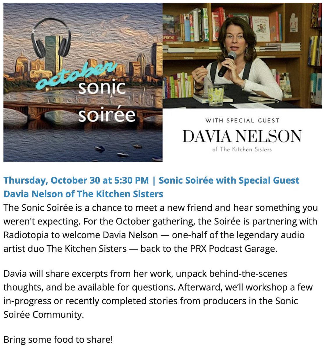 kitchensisters's tweet photo. Boston friends! Join Davia at the @prx Podcast Garage this Thurs, Oct 30 for a Sonic Soirée. 

Reserve your spot: https://t.co/Dk7stIamrd https://t.co/6LC7BZfkOX