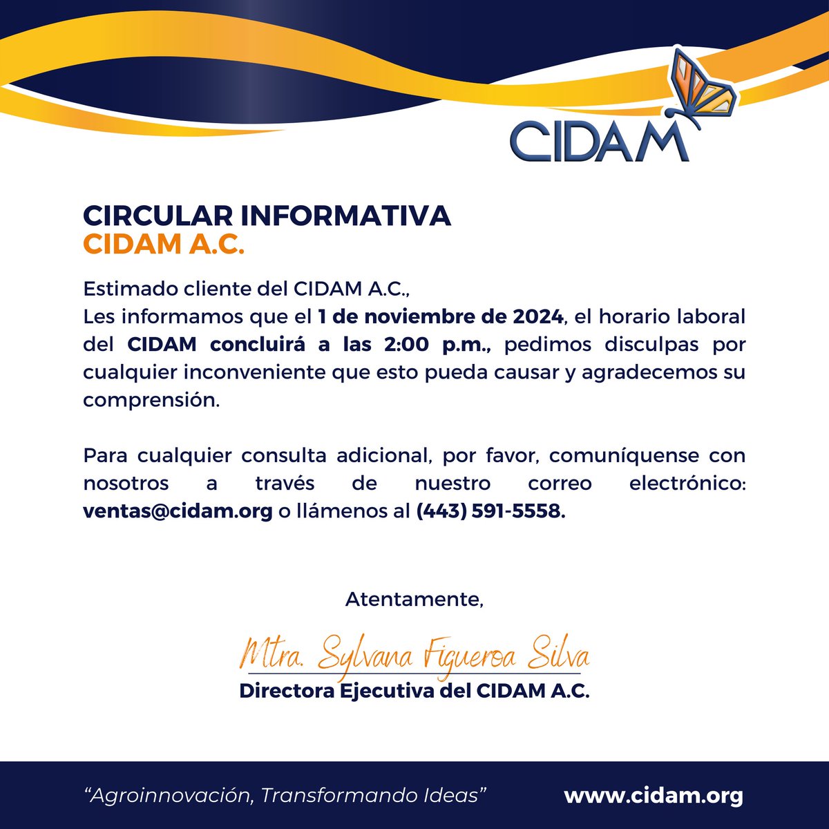 cidam_ac's tweet photo. Les informamos que el 1 de noviembre de 2024, el horario laboral del CIDAM concluirá a las 2:00 p.m., pedimos disculpas por cualquier inconveniente que esto pueda causar y agradecemos su comprensión.

Para cualquier consulta adicional, por favor, comuníquense con nosotros. https://t.co/65R4h2tozh