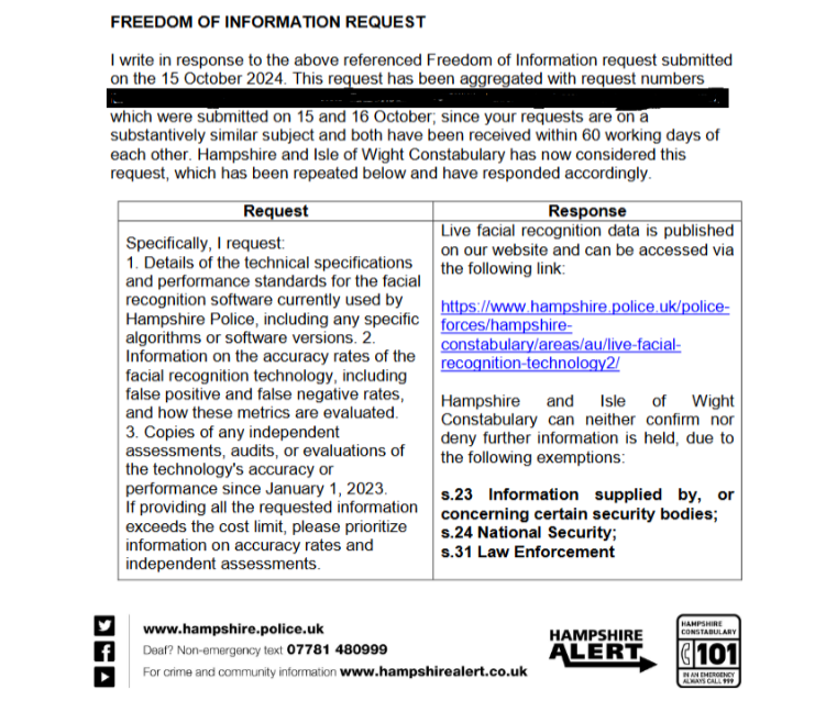 HampshireUk's tweet image. 1/3  Our FOI request on facial recognition tech came back with vague responses and key details withheld. Instead of transparency on accuracy, oversight, and any misuse, Hampshire Police cited “national security” to avoid disclosure. #StopFacialRecognition #Hampshire
