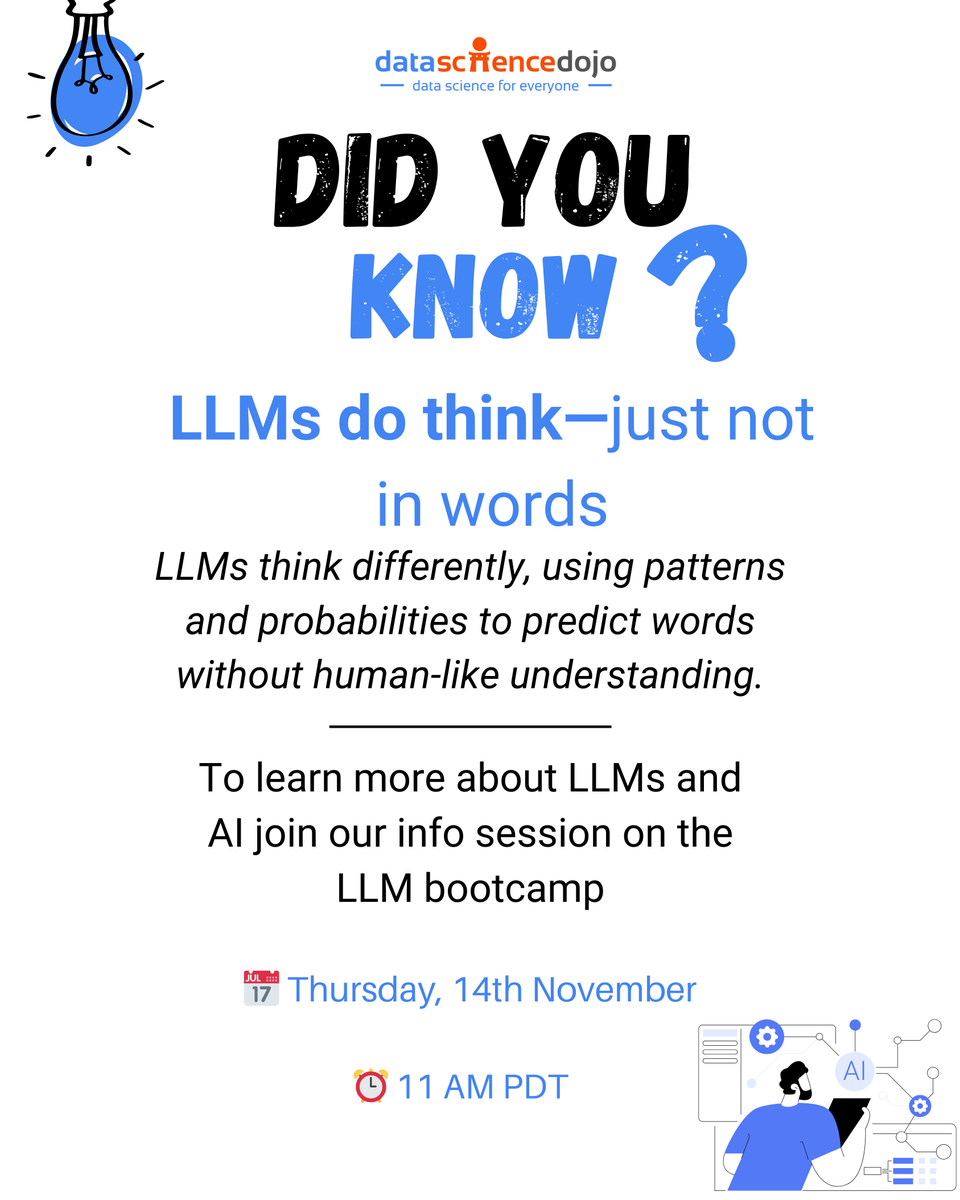 DataScienceDojo's tweet photo. π Curious to learn about AI and LLMs? Join our info session on November 14th at 11 AM PDTβdonβt miss out on insights shaping tomorrow!
RSVP now: https://t.co/uCEVJecIce
#llm #llmbootcamp #ai #generativeai #finetuning https://t.co/XPkU9MgbKj