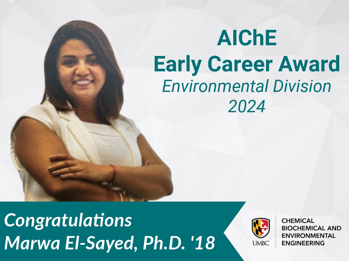 🎉Congratulations! Marwa El-Sayed, Ph.D. on your recognition from AIChE Environmental Division as the Early Career Award recipient #AICHEENV #AIChEAnnual #AICHE2024  

cbee.umbc.edu/news/post/1451…

#UMBCEngineering #UMBCProud #alumni #UMBCAlumni #ERAU