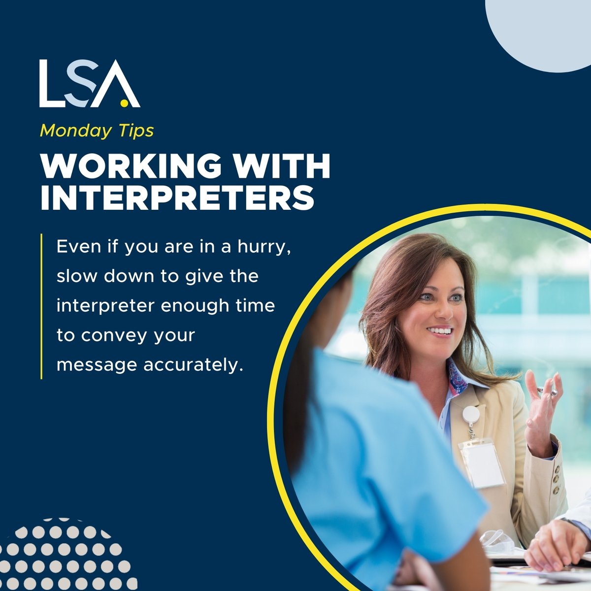 LSAWeb's tweet image. Even if you are in a hurry, slow down to give the interpreter enough time to convey your message accurately. This will make the call smoother and more efficient in the long run. Clear communication saves time! ⏳

#WorkingWithInterpreters #EffectiveCommunication #LanguageAccess