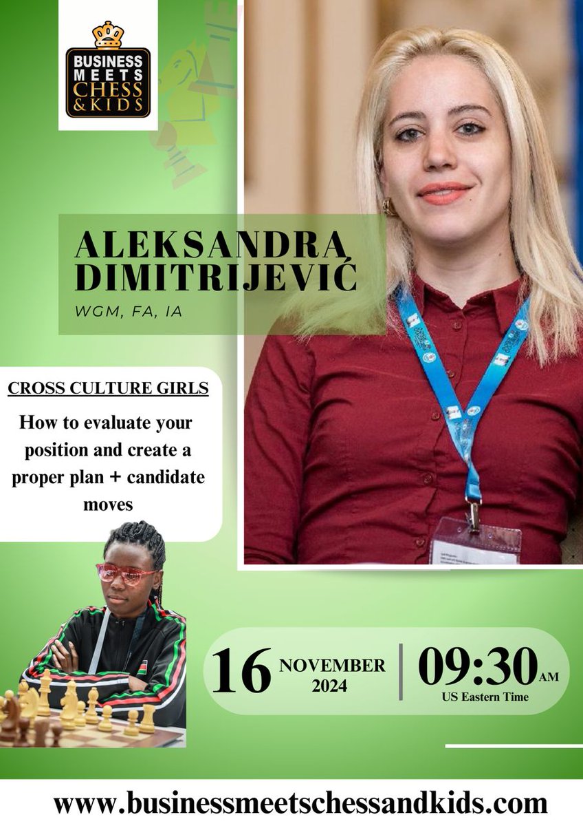 Cross Culture is back!!!! We're bringing you a WGM Aleksandra Dimitrijevic as she tackles the topic"How to evaluate your position  and create a proper plan+candidate moves". We're inviting all the girls from all over the world to join us and you don't want to miss.