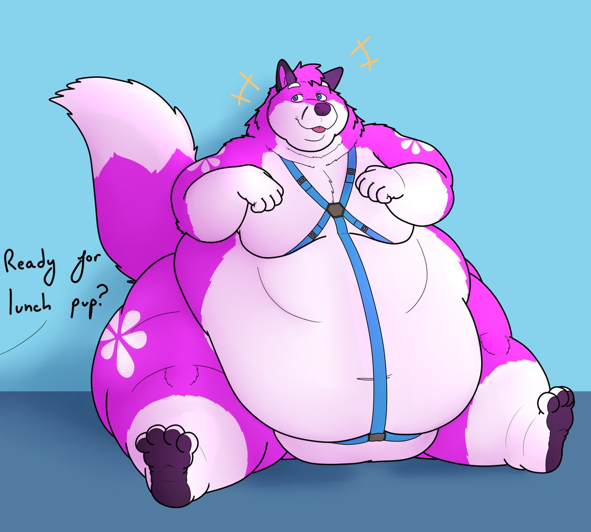A very chonky pup, all set in his harness! 🍩🦊🍩

🎨<a href="/mongrel_mika/">Mika, gnoll admirer (comms open)</a>