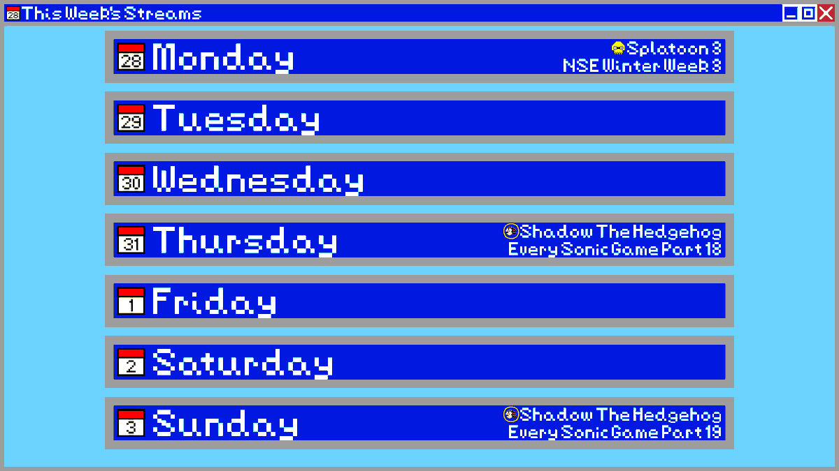 schedule posting for this week! see you in an hour (but fr this time)