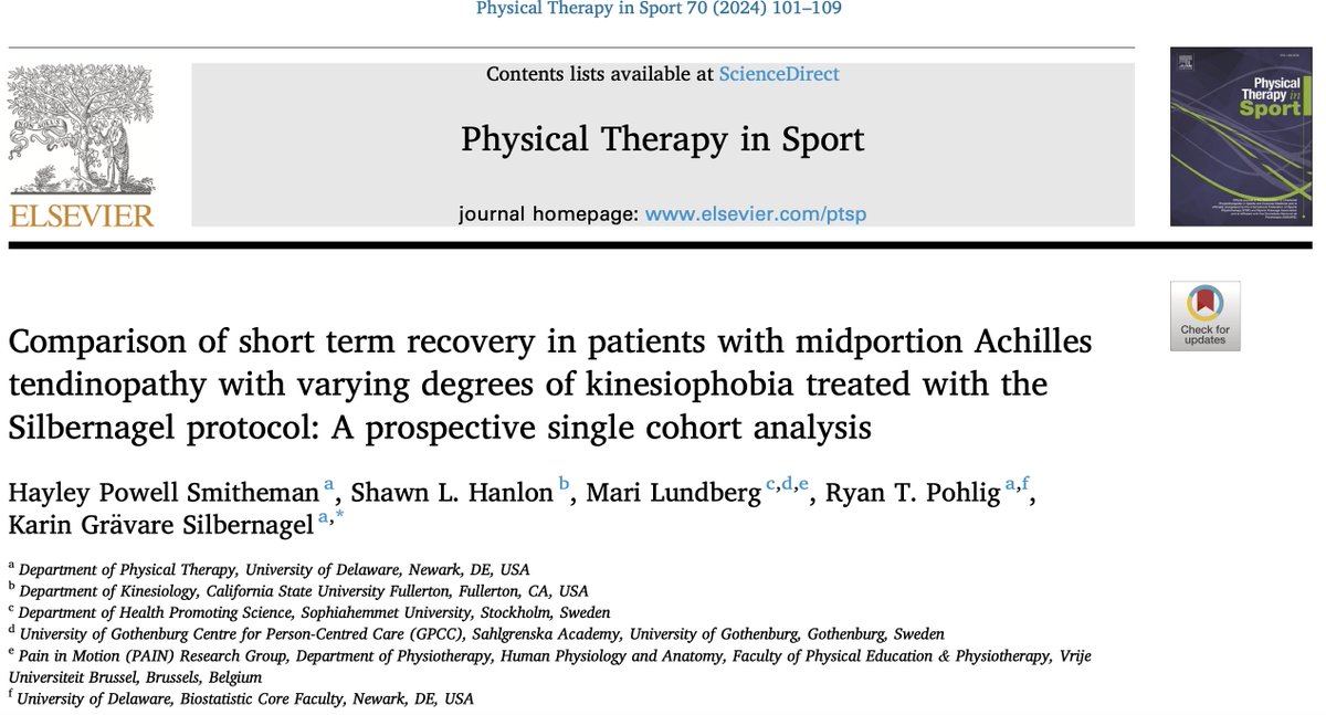 Tendon Research Group @ UD (@udtendongroup) on Twitter photo ⚡️New Article! Short term recovery in midportion Achilles tendinopathy didnt differ in groups of varying degrees of kinesiophobia. Pts w/ high&med TSK scores ⬇️ score in 8wks w/rehab rb.gy/ndavyh <a href="/HayleyPowellPT/">Hayley P Smitheman</a> <a href="/kgSilbernagel/">Dr. Karin G Silbernagel</a> <a href="/ShawnHanlonATC/">Shawn Hanlon</a>
<a href="/mari_lundberg/">Mari Lundberg</a> <a href="/bio_stats/">Ryan</a> ⚡️New Article! Short term recovery in midportion Achilles tendinopathy didnt differ in groups of varying degrees of kinesiophobia. Pts w/ high&med TSK scores ⬇️ score in 8wks w/rehab rb.gy/ndavyh <a href="/HayleyPowellPT/">Hayley P Smitheman</a> <a href="/kgSilbernagel/">Dr. Karin G Silbernagel</a> <a href="/ShawnHanlonATC/">Shawn Hanlon</a>
<a href="/mari_lundberg/">Mari Lundberg</a> <a href="/bio_stats/">Ryan</a>