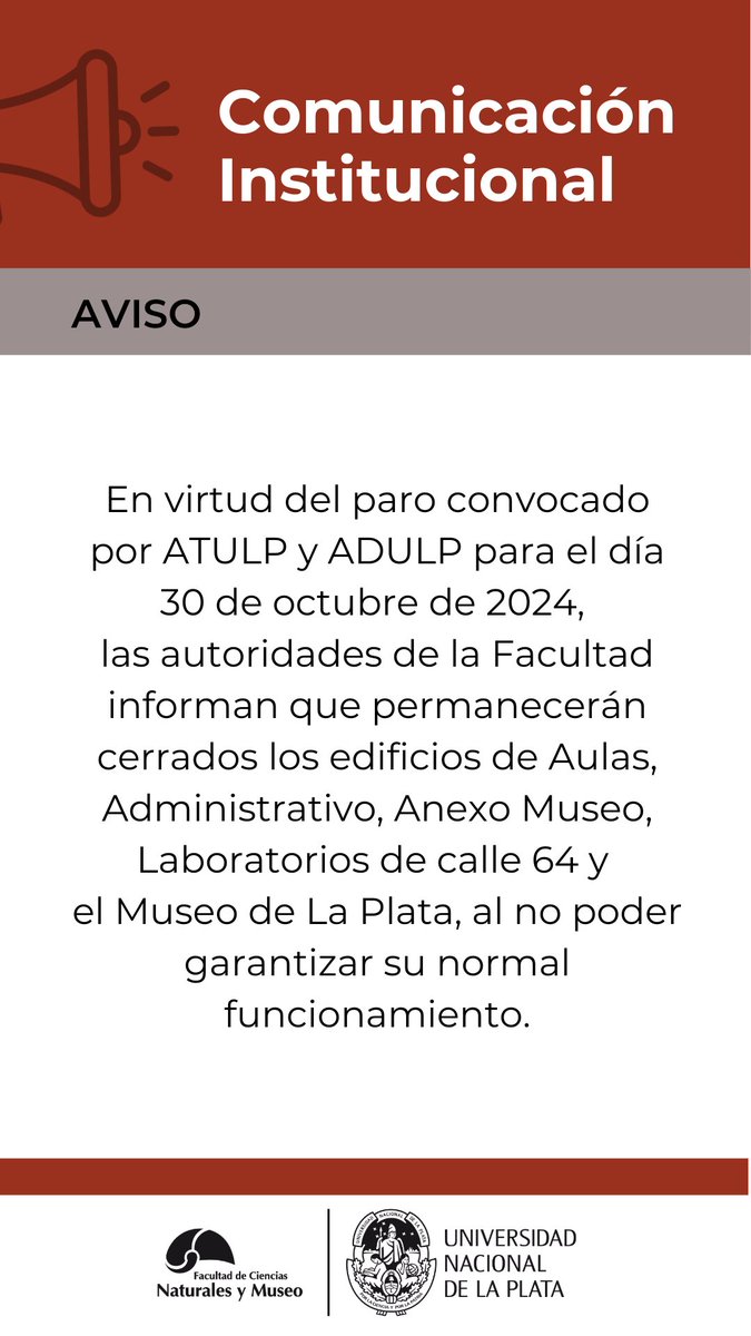 Atención, estudiantes naturales! 
Comunicado institucional por el paro del miércoles, 30 de octubre!

 #ComunicaciónOficial #parouniversitario #fcnym