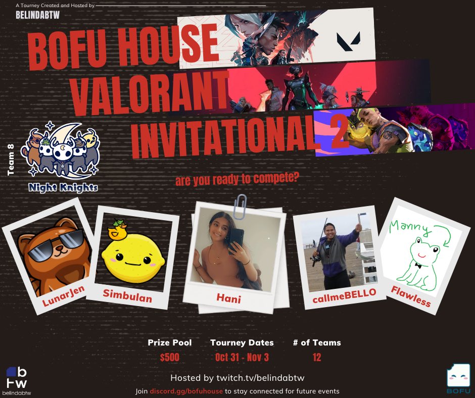 Introducing Team 8: Night Knights! One of the 12 teams competing in the Bofu House Valorant Invitational 2 this week 🎉

All teams got a custom logo designed by the very talented <a href="/quacaketm/">olivia</a> 💕💕

<a href="/LunarJen/">Jen</a> <a href="/callme_BELLO/">Chris Cabello</a>
