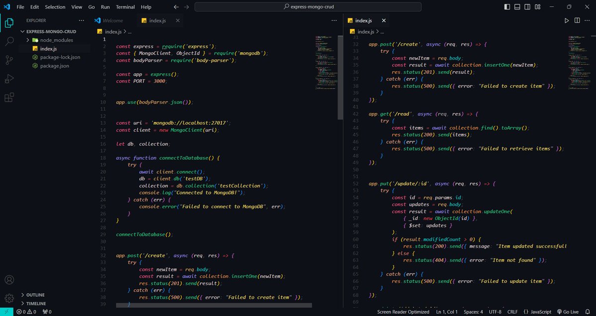 iadii_'s tweet photo. #Day13 #LearningInPublic 
Just built a basic #ExpressJS API with #MongoDB! Perfect for beginners to learn CRUD operations: `insertOne`, `find`, `updateOne`, `deleteOne`. 💻🔥 Dive into backend basics and start creating APIs! #NodeJS #WebDev #100DaysOfCode https://t.co/PhllCnLpho