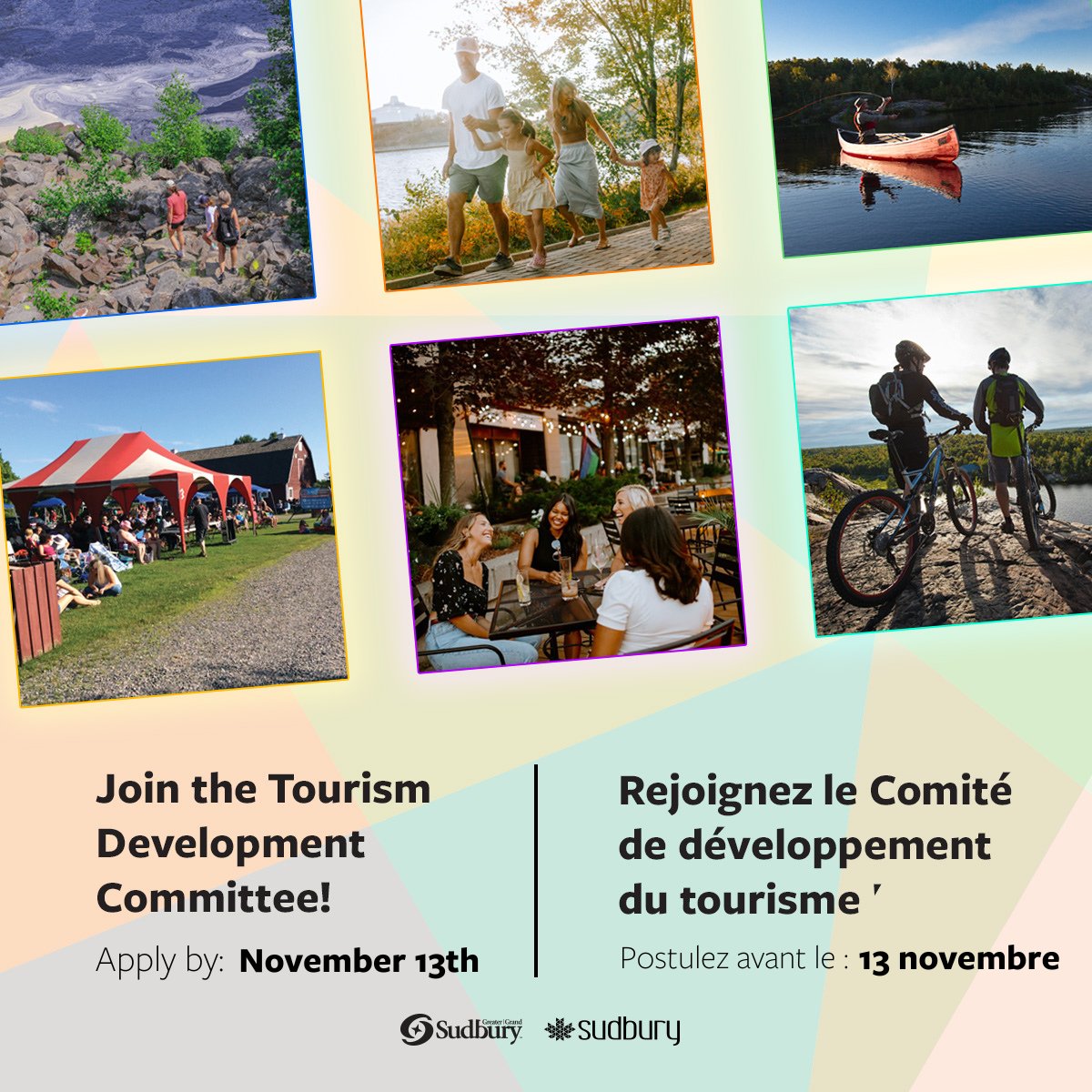 C'est le dernier appel à candidatures pour le Comité de développement du tourisme ! 

Nous recherchons des candidats dans les secteurs suivants :
Arts et culture ; Commerce de détail.

Envoyez votre candidature avant le 13 novembre à 16 heures : investsudbury.ca/about-us/board…
