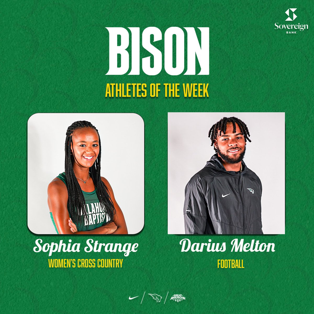 This week’s Bank Sovereign Bison Athletes of the Week goes to Sophia Strange and Darius Melton 👏

Sophia Strange became the first GAC woman to earn 3 consecutive individual titles after taking 1st place at the 2024 GAC Cross Country Championship! 🥇🏃‍♀️

Darius Melton posted