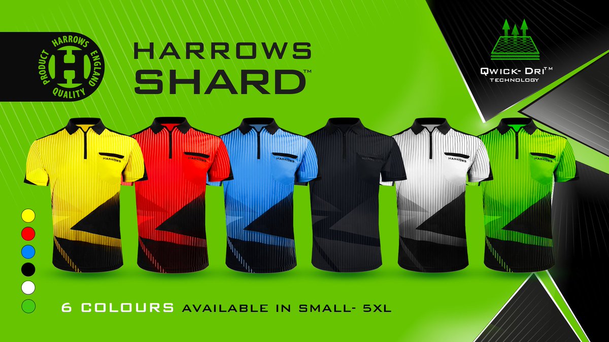 HarrowsDarts's tweet image. Introducing the new Shard Shirt, the latest addition to the Harrows shirt range.

Shard shirts feature Qwick-Dri™ technology ensuring you stay cool under pressure, a seamless smart zipper, and a functional front pocket.

Available in 8 sizes S - XXXXXL and 6 colours; Green, Aqua…