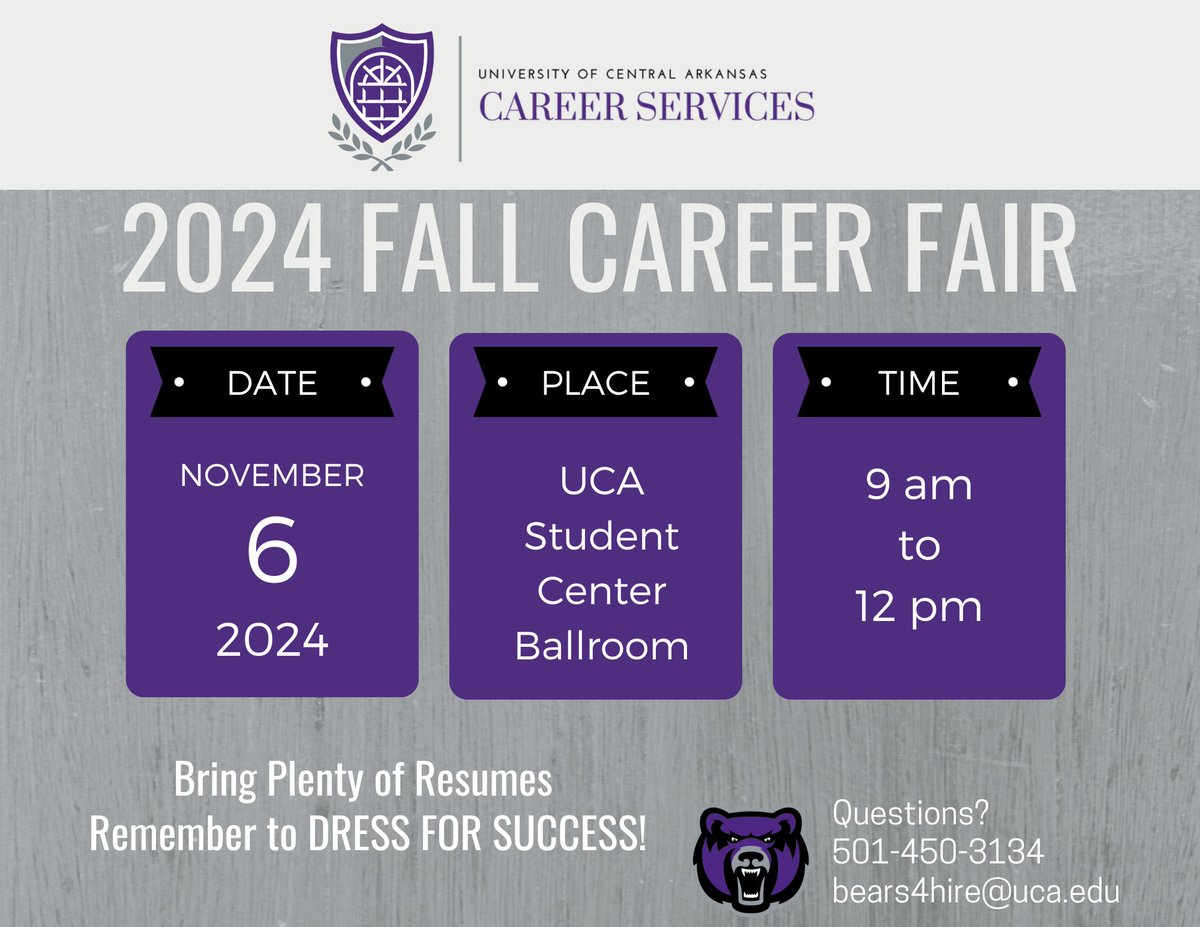 Mark your calendars for the 2024 Fall Career Fair on November 6th!

The fair will be in the Student Center Ballroom from 9 am to 12 pm.

Don’t forget to bring plenty of resumes and dress in business casual wear (no jeans, athletic wear, or shorts).
