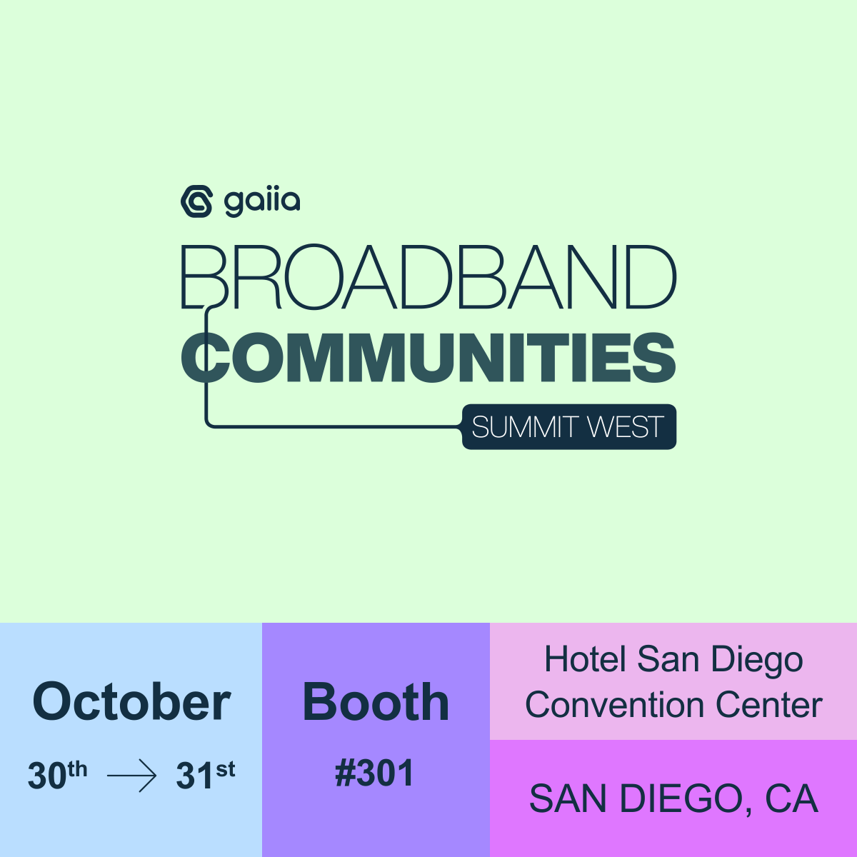 gaiia_software's tweet photo. The gaiia team is heading to Broadband Communities West in San Diego this week, stop by booth #301 to connect with our team!

#BBCSummitWest #BroadbandCommunities https://t.co/qLG5kPC015
