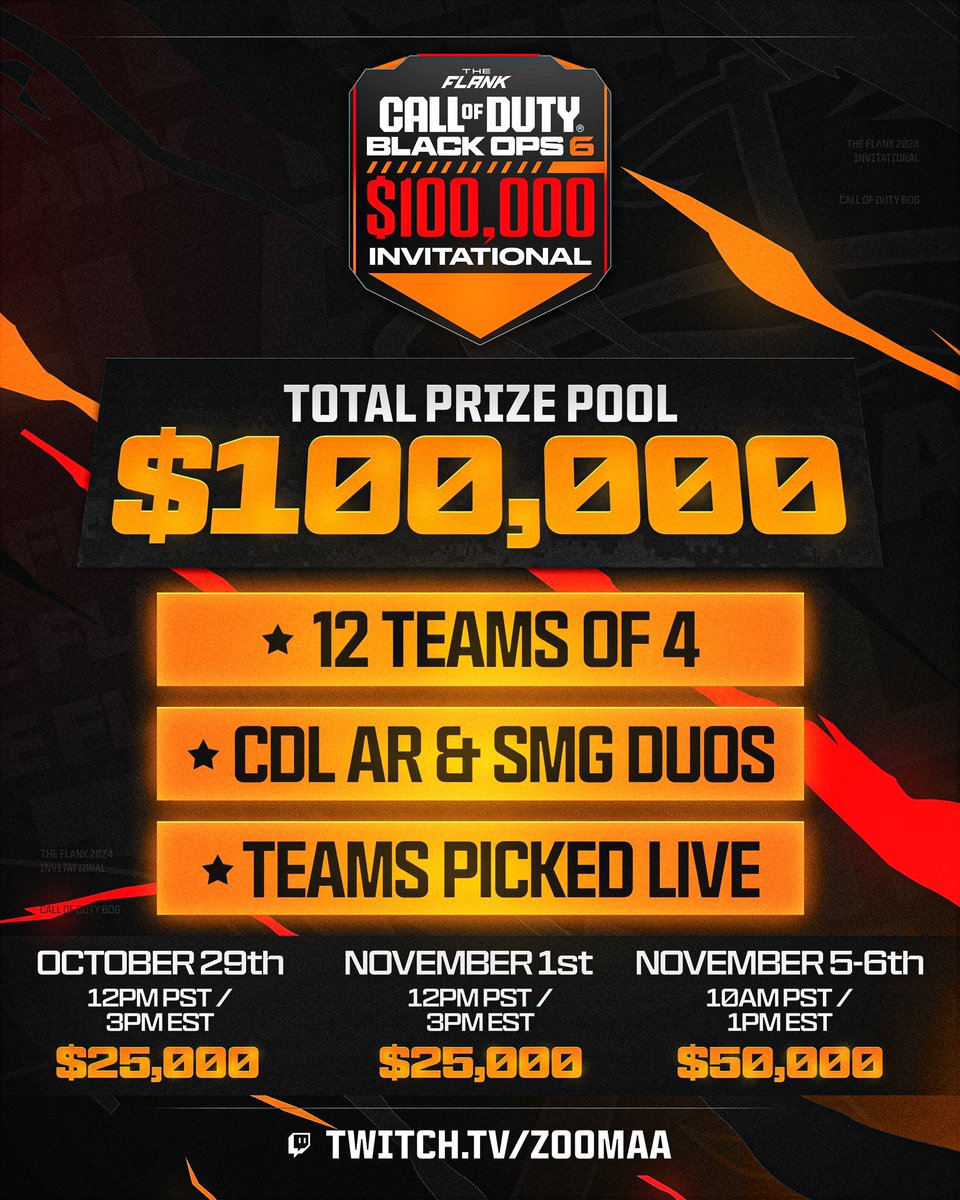 🚨COMPETITIVE COD IS BACK!🚨 

▫️ $100,000 PRIZE POOL 
▫️ ALL CDL PROS 
▫️ 3 TOURNAMENTS 

PICKING TEAMS FOR THE FIRST TOURNAMENT TONIGHT LIVE ON <a href="/TheFlank/">The Flank</a>. LOCK IN! 🔐