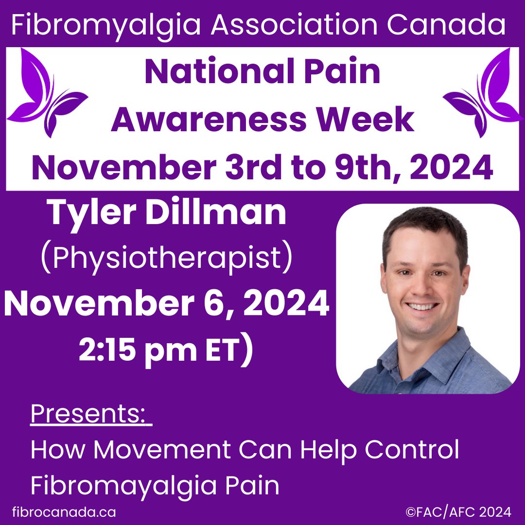 fibrocanada's tweet photo. #FAC Pain Awareness Week Presentation

Tyler Dillman - How Movement Can Help Control Fibromyalgia Pain
Wednesday - November 6, 2024 - 2:15 pm ET

Tyler will discuss how exercise can be a powerful tool for managing pain. 

Sign up here https://t.co/6DuIgAxnpw

#PainAwarenessWeek https://t.co/aXFHm65XCn