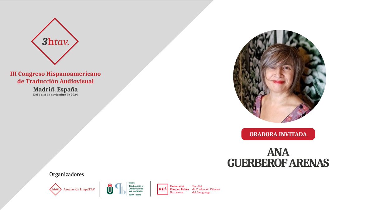 Asociación HispaTAV (@hispatav) on Twitter photo Ana Guerberof Arenas es Associate Professor de Estudios de Traducción en University of Groningen. Como oradora invitada del #HispaTAV3, hablará sobre la «Creatividad en la actividad traductológica y en la experiencia de usuario».
Bío: hispatav.com/bios/#guerbe
<a href="/AnaGuerberof/">Ana Guerberof</a> Ana Guerberof Arenas es Associate Professor de Estudios de Traducción en University of Groningen. Como oradora invitada del #HispaTAV3, hablará sobre la «Creatividad en la actividad traductológica y en la experiencia de usuario».
Bío: hispatav.com/bios/#guerbe
<a href="/AnaGuerberof/">Ana Guerberof</a>