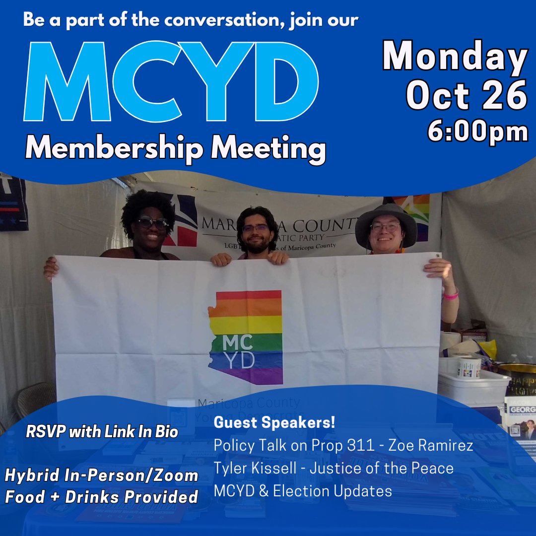 Join us tonight for our last Monthly Meeting before the election! Find out how you can get involved before the big day! Dinner will be provided! Happy Hour afterwards w/ the first drink on MCYD! Sign up at MCYD.us