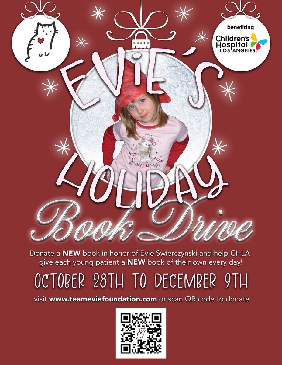 Duane Swierczynski (@swierczy) on Twitter photo Evie's Holiday Book Drive, now in our seventh year, launches today! It's super easy to put a new book in the hands of a kid at <a href="/ChildrensLA/">Children's Hospital LA</a>. Just scan the QR code (or follow the link) below. Evie's Holiday Book Drive, now in our seventh year, launches today! It's super easy to put a new book in the hands of a kid at <a href="/ChildrensLA/">Children's Hospital LA</a>. Just scan the QR code (or follow the link) below.