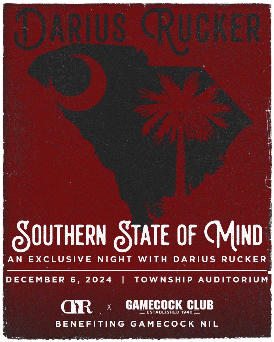 TheGamecockClub's tweet photo. Thanks to @dariusrucker, we're excited to announce Southern State of Mind: An exclusive night with Darius Rucker on December 6. Proceeds from the concert with benefit Gamecock NIL initiatives.

🔗https://t.co/itkSBm0201

#Gamecocks | #ForevertoThee https://t.co/LgACeb6otO