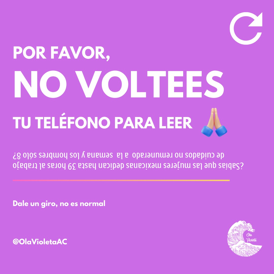 ‼️‼️No lo hagas, por favor. ‼️‼️

Y si ya lo hiciste, no ignores esta realidad. 

En el marco de Día Internacional de los Cuidados y el Apoyo, recuerda, #NoEsNormal que las #mujeres tengamos doble o triple jornada laboral, y que estas no sean remuneradas. 

#OlaVioleta 🌊💜
