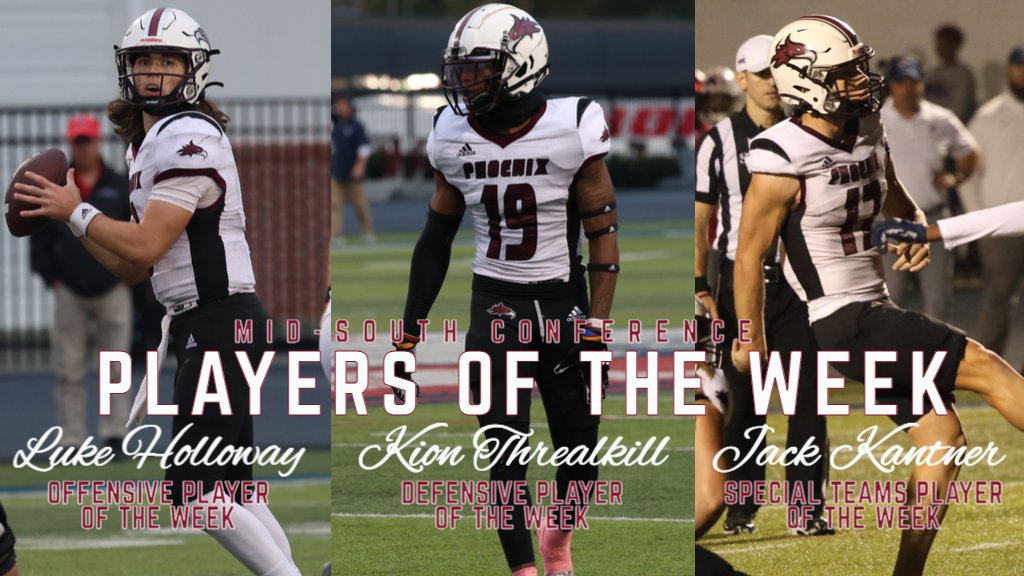 GoCUPhoenix's tweet image. Cumberland Football sweeps the Mid-South Conference Weekly honors as Quarterback Luke Holloway earns his third Offensive Player of the Week, Corner Kion Threalkill is named Defensive Player of the Week, and Kicker Jack Kantner garners Special Teams Player of the Week!

More…
