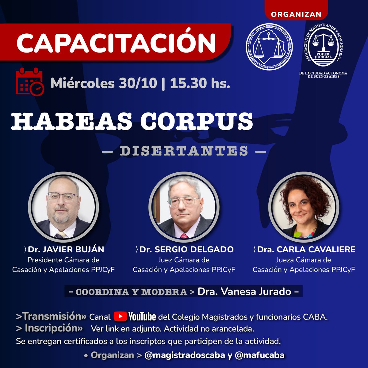 MAFUCABA's tweet photo. @MAFUCABA  junto al Colegio de @MagistradosCABA, invitan a participar de esta capacitación, que estará a cargo de tres destacados integrantes de la Cámara de Casación y Apelaciones en lo Penal, Penal Juvenil, Contravencional y de Faltas de la CABA.
Ver link de inscripción 👇 https://t.co/AhmGGnRTU3