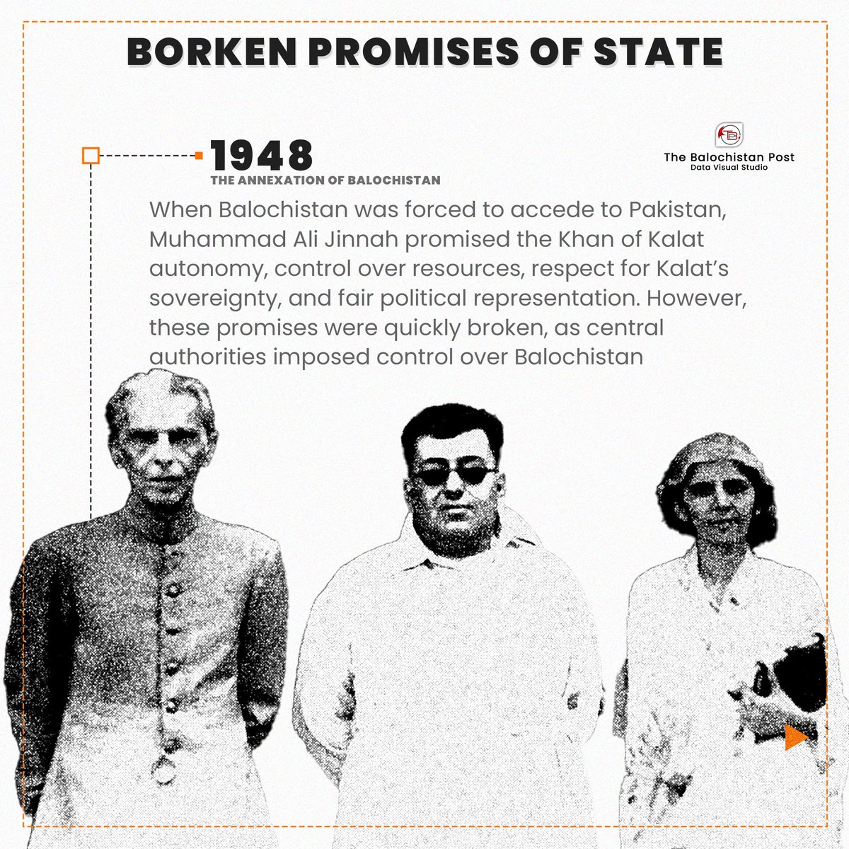 TBPEnglish's tweet photo. 1948: The Annexation of Balochistan
When Balochistan was forced to accede to Pakistan, Muhammad Ali Jinnah promised the Khan of Kalat autonomy, control over resources, respect for Kalat’s sovereignty, and fair political representation. However, these promises were quickly broken https://t.co/z96vVCxW1C