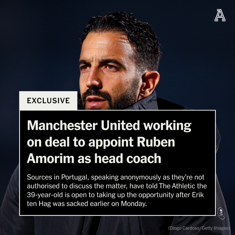TheAthleticFC's tweet photo. Manchester United are working on a deal to appoint Sporting Lisbon’s Ruben Amorim as their new head coach.

#MUFC 

Exclusive story from @David_Ornstein, @AdamCrafton_ and @lauriewhitwell here ⬇️